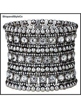 Womens Multilayer Stretch Cuff Bracelet Elastic Band Crystal Silver Plated